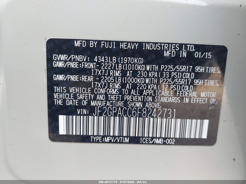 2015 Subaru Xv VIN JF2GPACC6F8242731 IAAI salvage auction — NORMAL WEAR, Salvage Title (California), sold $975 on 2026-08-23 (photo 9)