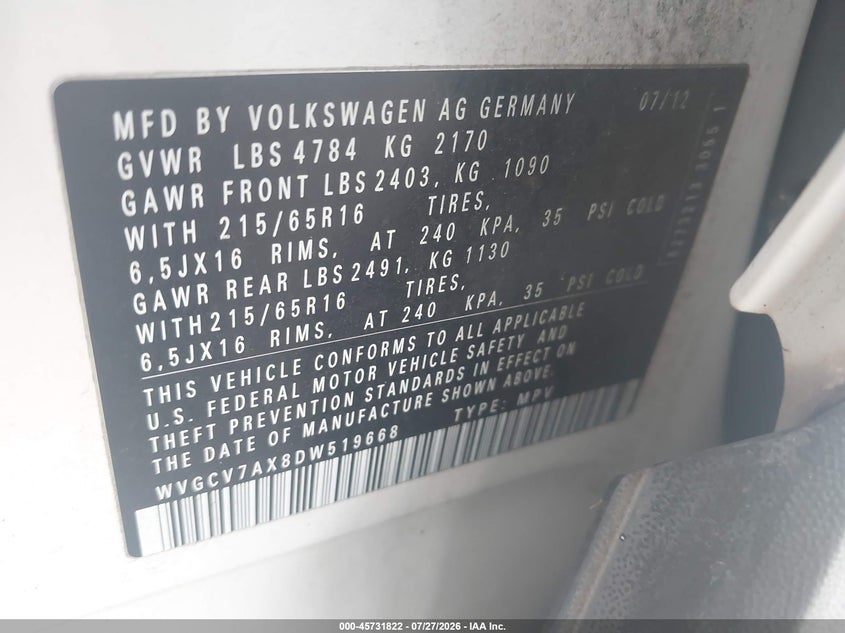 2013 Volkswagen Tiguan VIN WVGCV7AX8DW519668 IAAI salvage auction — NORMAL WEAR, Clear (South Carolina), sold $1,175 on 2026-08-03 (photo 9)