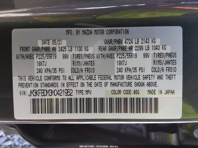 2021 Mazda Cx-5 VIN JM3KFBDM3M0421952 IAAI salvage auction — REAR END, Salvage Title, sold $8,700 on 2026-08-22 (photo 9)