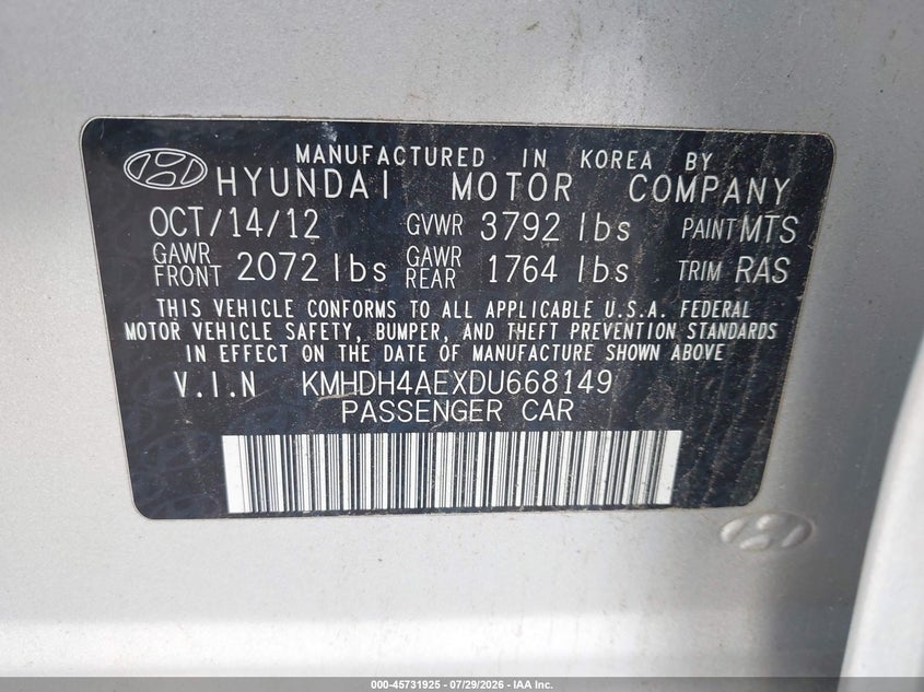 2013 Hyundai Elantra VIN KMHDH4AEXDU668149 IAAI salvage auction — NORMAL WEAR, Original (Ohio), sold $1,000 on 2026-08-01 (photo 9)