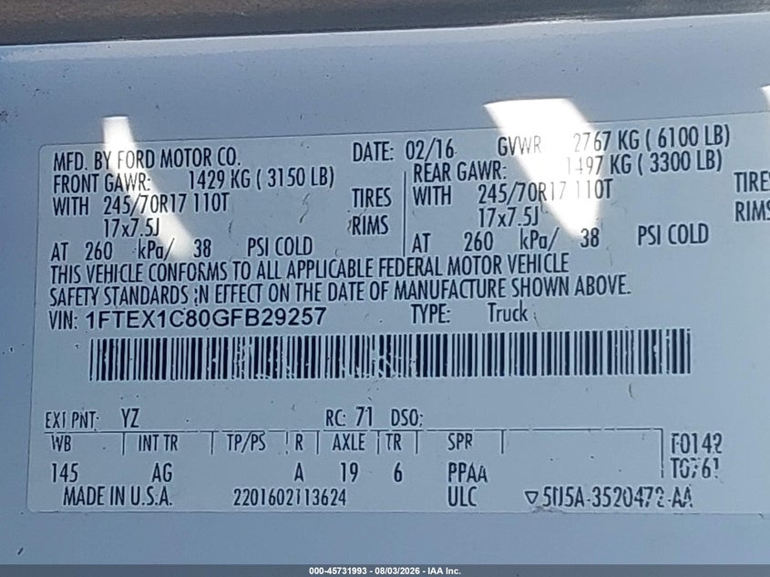 2016 Ford F-150 VIN 1FTEX1C80GFB29257 IAAI salvage auction — REAR END, Salvage (Texas), sold $2,650 on 2026-08-24 (photo 9)