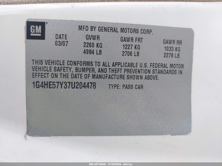 2007 Buick Lucerne VIN 1G4HE57Y37U204478 IAAI salvage auction — NORMAL WEAR, Original (Texas), sold $25 on 2026-08-31 (photo 9)