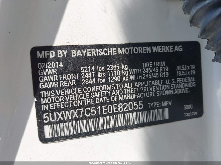 2014 BMW X3 VIN 5UXWX7C51E0E82055 IAAI salvage auction — FRONT END, Salvage Title, sold $1,700 on 2026-08-20 (photo 9)