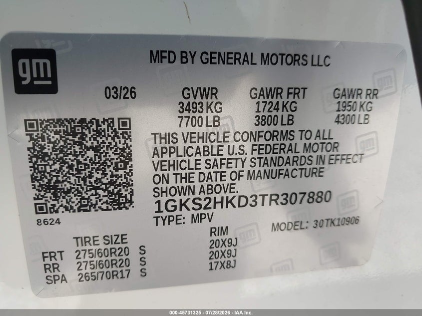 2026 Gmc Yukon VIN 1GKS2HKD3TR307880 IAAI salvage auction — WATER/FLOOD, Salvage Title, sold $36,250 on 2026-10-19 (photo 9)