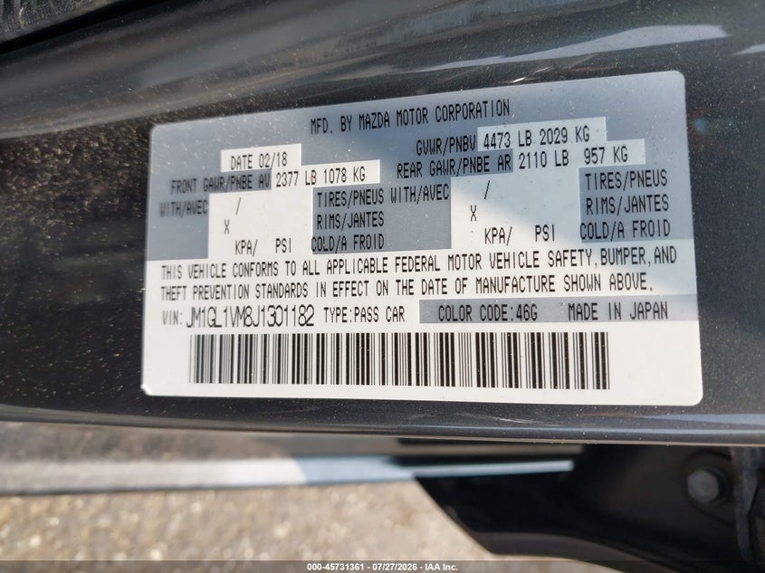 2018 Mazda 6 VIN JM1GL1VM8J1301182 IAAI salvage auction — FRONT END, Rebuildable (Florida), sold $1,050 on 2026-07-30 (photo 9)