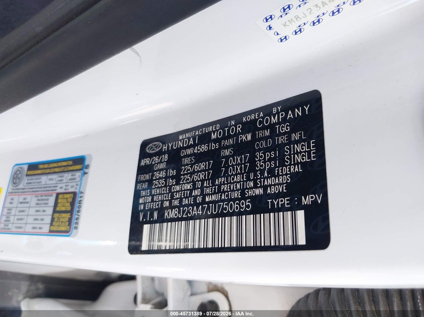 2018 Hyundai Tucson VIN KM8J23A47JU750695 IAAI salvage auction — VANDALISM, Salvage Title, sold $2,800 on 2026-08-03 (photo 9)