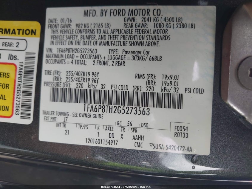 2016 Ford Mustang VIN 1FA6P8TH2G5273563 IAAI salvage auction — RIGHT REAR, Salvage Title, sold $5,000 on 2026-08-03 (photo 9)
