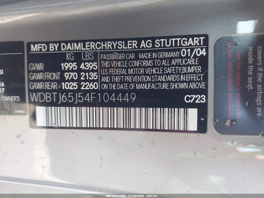 2004 Mercedes-benz Clk-class VIN WDBTJ65J54F104449 IAAI salvage auction — REAR END, Original (Texas), sold $800 on 2026-09-04 (photo 9)