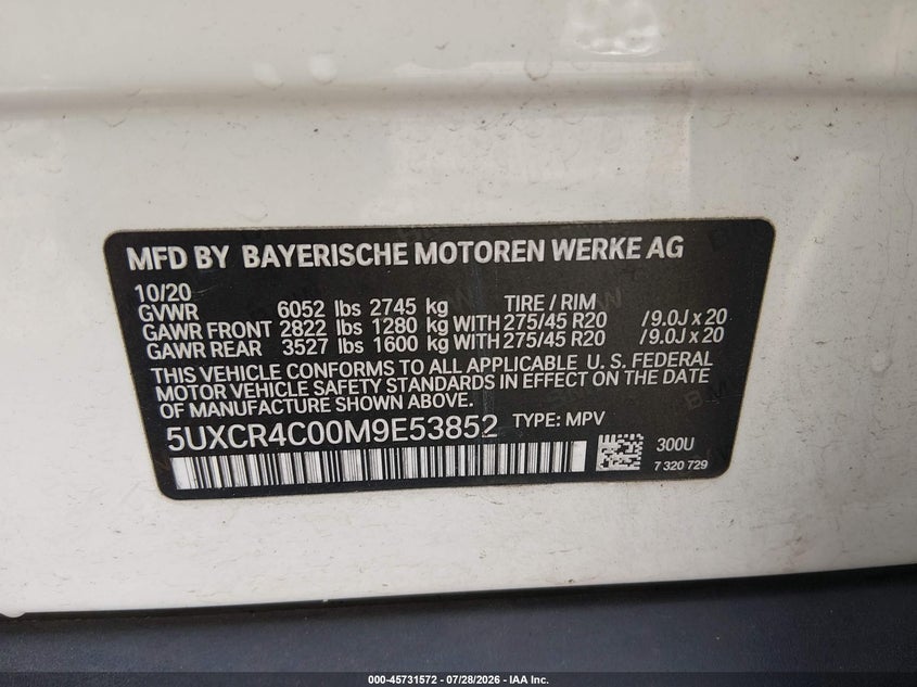 2021 BMW X5 VIN 5UXCR4C00M9E53852 IAAI salvage auction — FRONT END, Salvage Title, sold $12,800 on 2026-09-16 (photo 9)