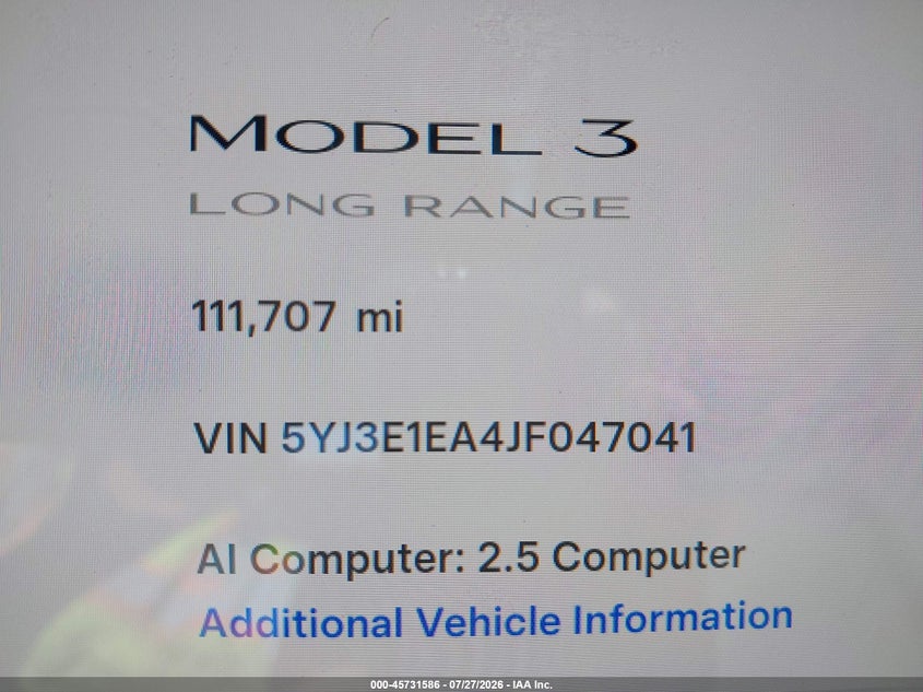 2018 Tesla Model 3 VIN 5YJ3E1EA4JF047041 IAAI salvage auction — LEFT SIDE, Salvage (California), sold $5,900 on 2026-08-26 (photo 7)