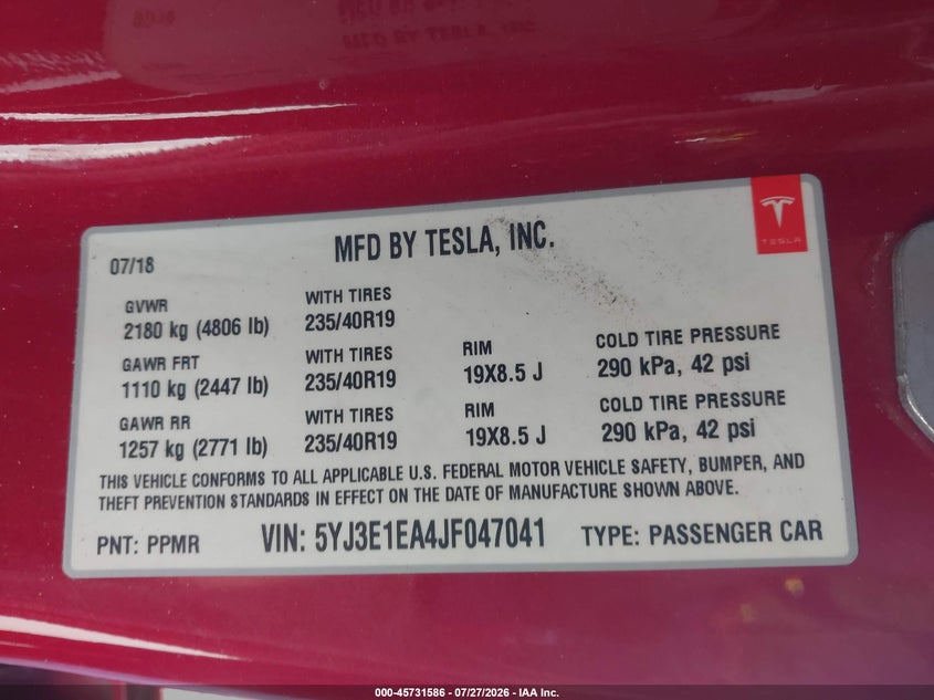 2018 Tesla Model 3 VIN 5YJ3E1EA4JF047041 IAAI salvage auction — LEFT SIDE, Salvage (California), sold $5,900 on 2026-08-26 (photo 9)