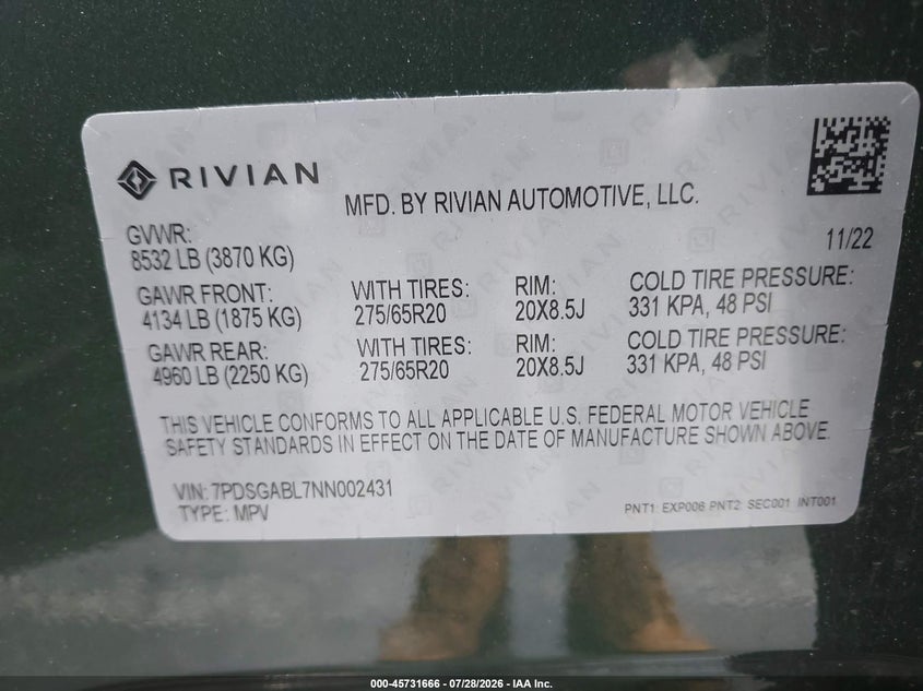 2022 Rivian R1s VIN 7PDSGABL7NN002431 IAAI salvage auction — FRONT END, Wait Title, sold $16,000 on 2026-09-17 (photo 9)