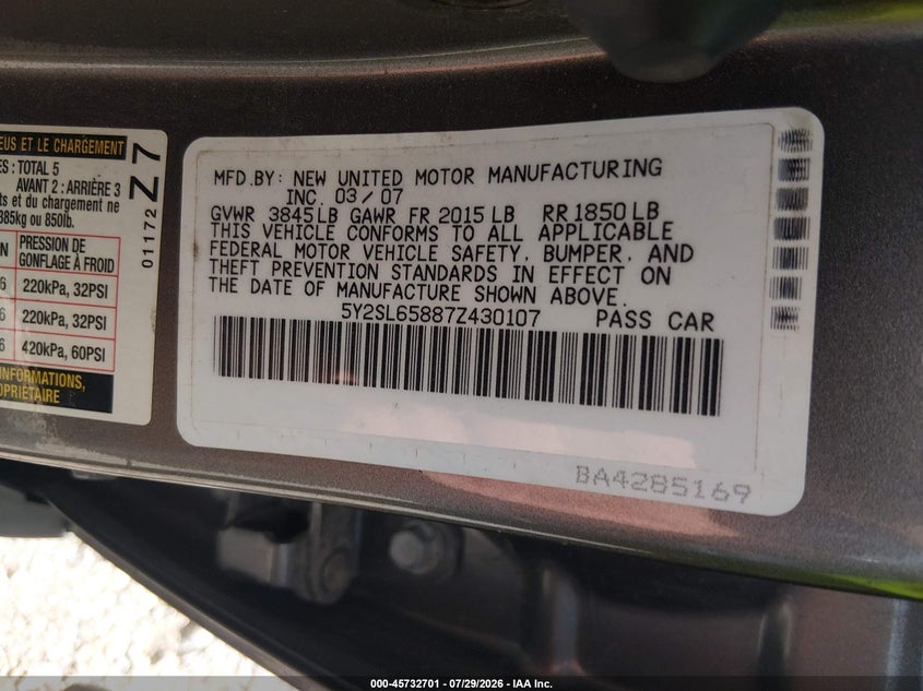 2007 Pontiac Vibe VIN 5Y2SL65887Z430107 IAAI salvage auction — FRONT END, Clear (Arkansas), sold $600 on 2026-08-27 (photo 9)