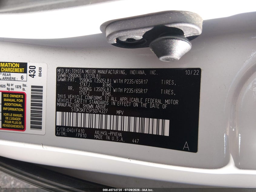 2023 Toyota Sienna VIN 5TDKSKFC5PS074327 IAAI salvage auction — FRONT END, Salvage Title, sold $14,500 on 2026-08-25 (photo 9)