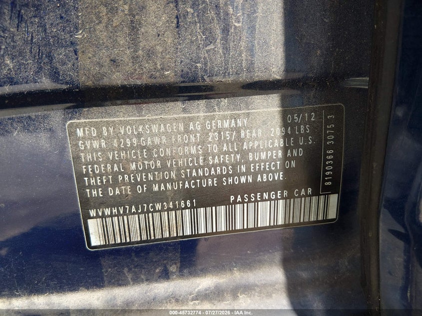 2012 Volkswagen Gti VIN WVWHV7AJ7CW341661 IAAI salvage auction — NORMAL WEAR, Original (Texas), sold $1,850 on 2026-08-18 (photo 9)