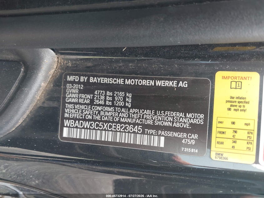 2012 BMW 3er VIN WBADW3C5XCE823645 IAAI salvage auction — NORMAL WEAR, Original (Texas), sold $1,250 on 2026-08-11 (photo 9)