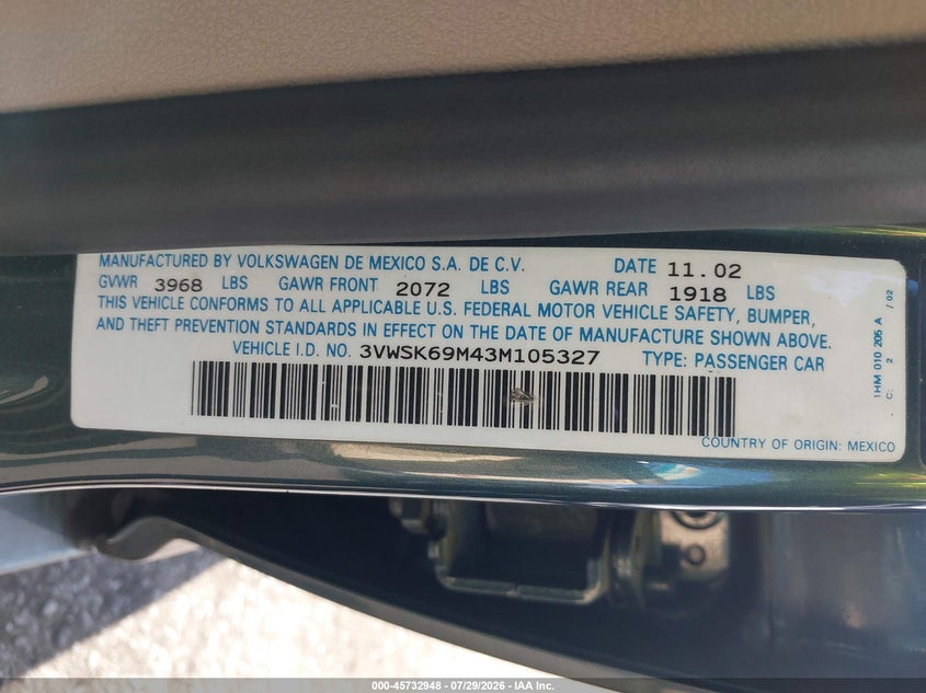 2003 Volkswagen Jetta VIN 3VWSK69M43M105327 IAAI salvage auction — SIDE, Salvage Certificate (California), sold $775 on 2026-08-07 (photo 9)