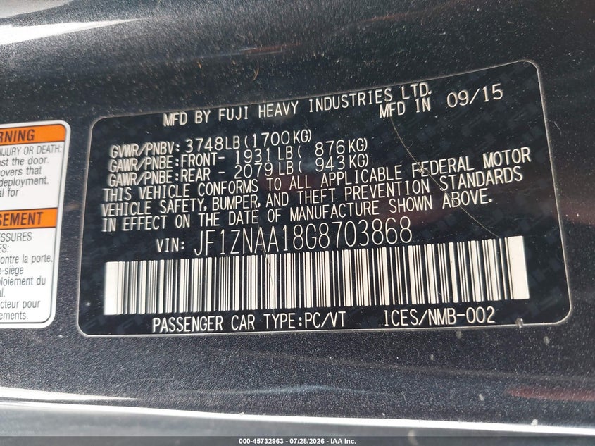2016 Scion Fr-s VIN JF1ZNAA18G8703868 IAAI salvage auction — LEFT FRONT, Salvage Title, sold $925 on 2026-09-17 (photo 9)