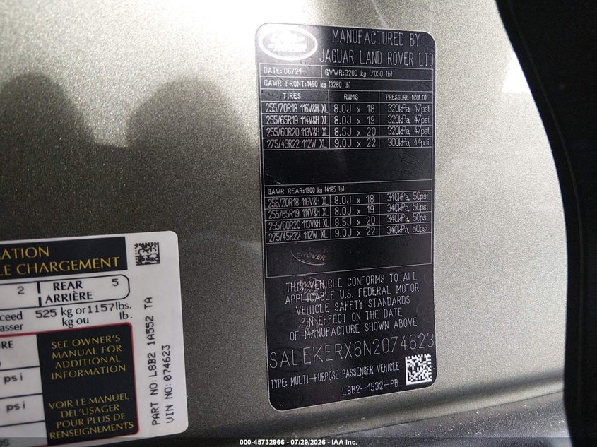 2022 Land rover Defender VIN SALEKERX6N2074623 IAAI salvage auction — FRONT END, Wait Title, sold $23,500 on 2026-09-04 (photo 9)
