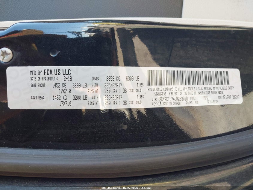 2018 Chrysler Pacifica VIN 2C4RC1L74JR253018 IAAI salvage auction — SIDE, Wait Title, sold $2,500 on 2026-08-19 (photo 9)