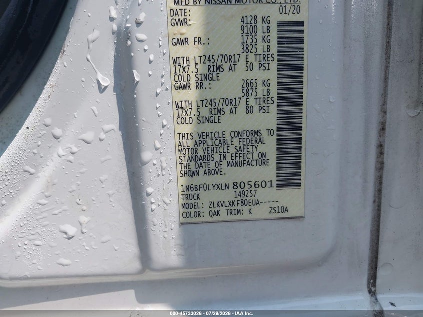 2020 Nissan Nv VIN 1N6BF0LYXLN805601 IAAI salvage auction — FRONT END, Salvage Title, sold $7,100 on 2026-08-20 (photo 9)