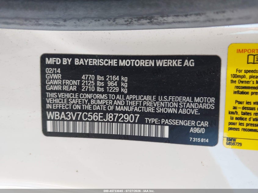 2014 BMW 4er VIN WBA3V7C56EJ872907 IAAI salvage auction — FRONT END, Wait Title, sold $5,250 on 2026-08-17 (photo 9)