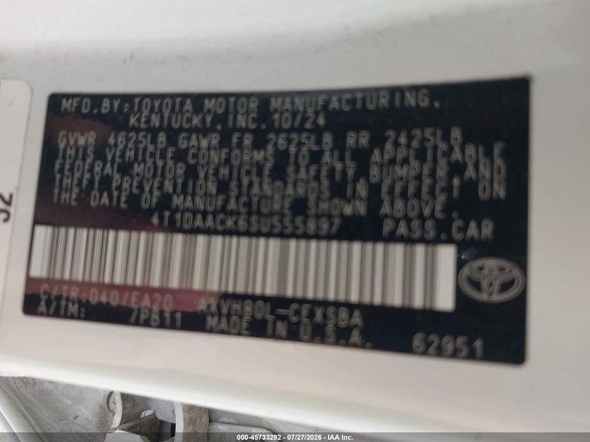 2025 Toyota Camry VIN 4T1DAACK6SU555897 IAAI salvage auction — REAR END, Enterprise Vehicles Clear Only (California), sold $11,800 on 2026-07-31 (photo 9)