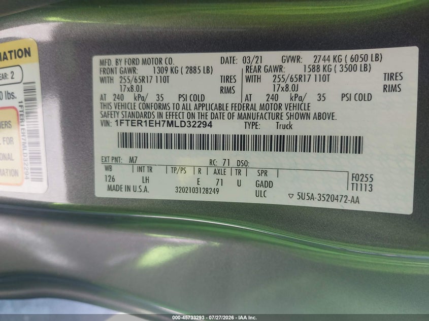 2021 Ford Ranger VIN 1FTER1EH7MLD32294 IAAI salvage auction — REAR END, Wait Title, sold $8,700 on 2026-08-10 (photo 9)