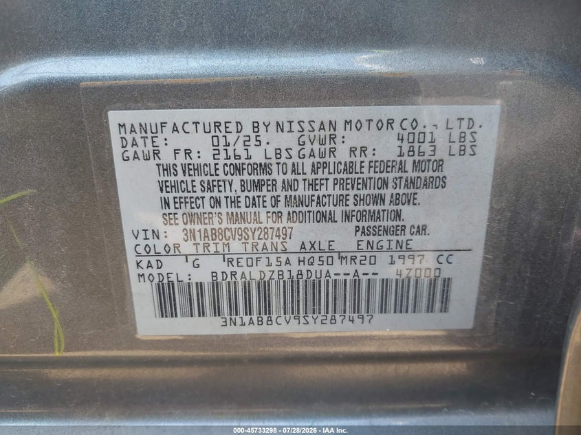 2025 Nissan Sentra VIN 3N1AB8CV9SY287497 IAAI salvage auction — REAR END, Enterprise Vehicles Clear Only (Nevada), sold $8,400 on 2026-08-01 (photo 9)