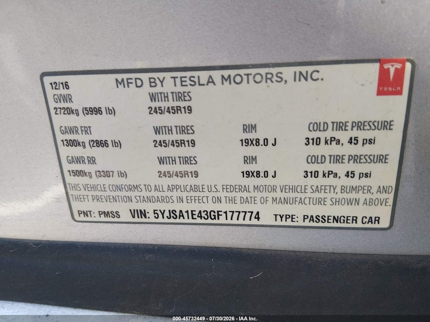 2016 Tesla Model s VIN 5YJSA1E43GF177774 IAAI salvage auction — SIDE, Salvage Title, sold $10,000 on 2026-08-27 (photo 9)