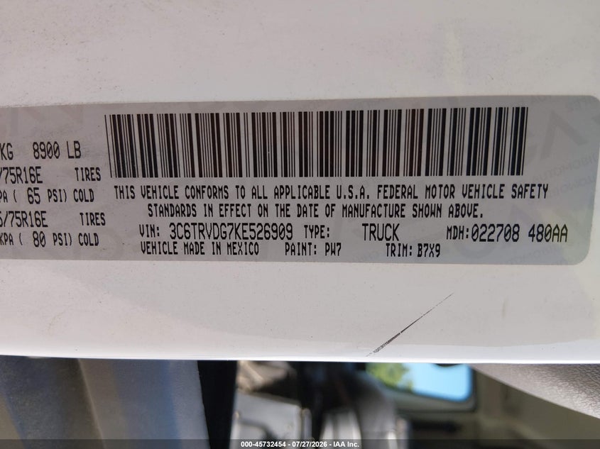 2019 Ram Promaster city VIN 3C6TRVDG7KE526909 IAAI salvage auction — NORMAL WEAR, Clear (Kansas), sold $5,425 on 2026-09-02 (photo 9)