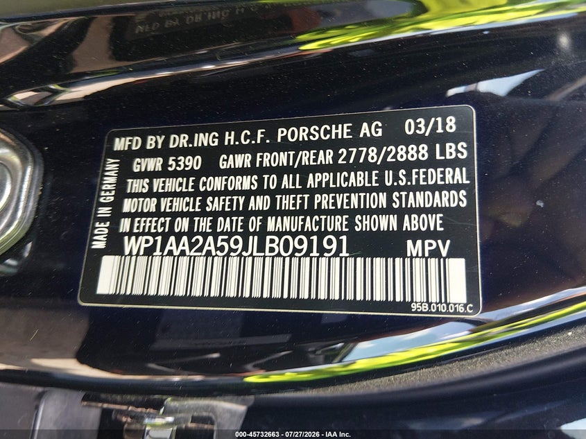 2018 Porsche Macan VIN WP1AA2A59JLB09191 IAAI salvage auction — RIGHT FRONT, Salvage Title, sold $6,800 on 2026-08-23 (photo 9)