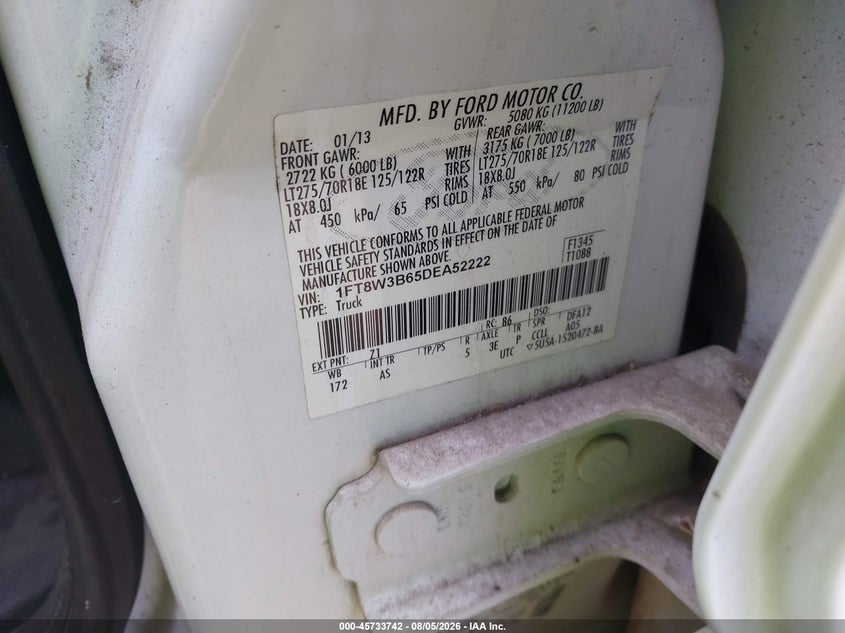 2013 Ford F350 VIN 1FT8W3B65DEA52222 IAAI salvage auction — NORMAL WEAR, Clear (Virginia), sold $24,000 on 2026-09-08 (photo 8)