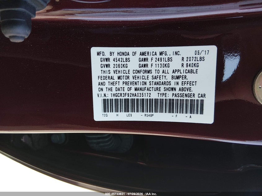 2017 Honda Accord VIN 1HGCR3F92HA035172 IAAI salvage auction — SIDE, Salvage (California), sold $5,300 on 2026-08-03 (photo 9)
