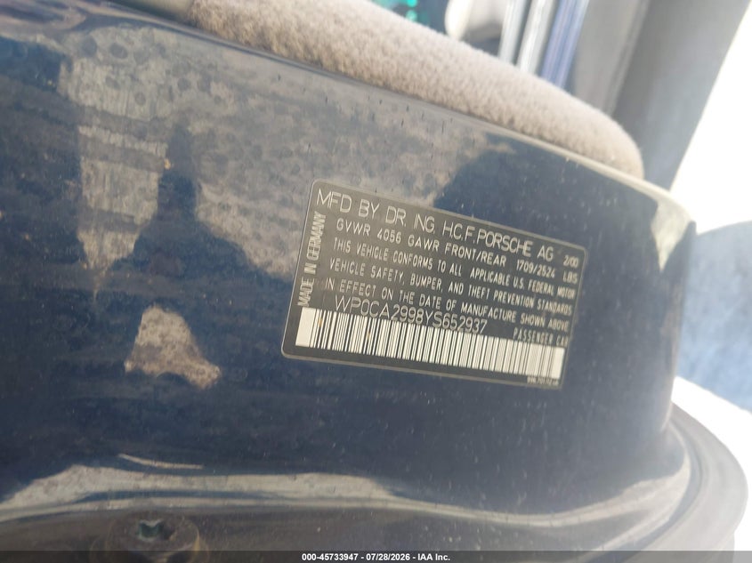 2000 Porsche 911 VIN WP0CA2998YS652937 IAAI salvage auction — SIDE, Salvage (California), sold $7,100 on 2026-08-26 (photo 9)