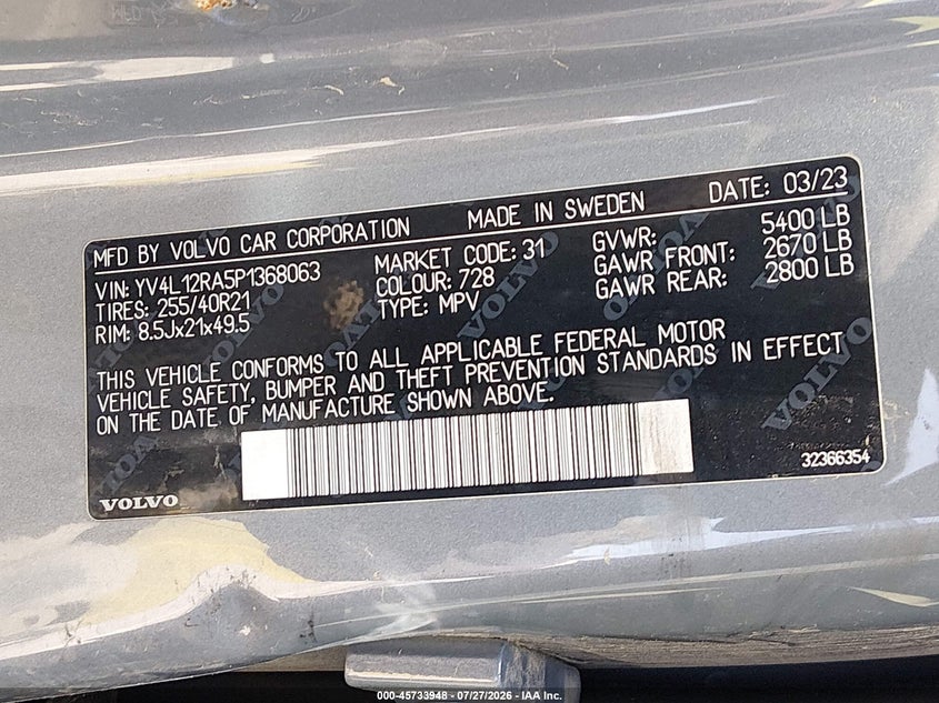 2023 Volvo Xc60 VIN YV4L12RA5P1368063 IAAI salvage auction — REAR END, Salvage Title, sold $1,725 on 2026-08-17 (photo 9)