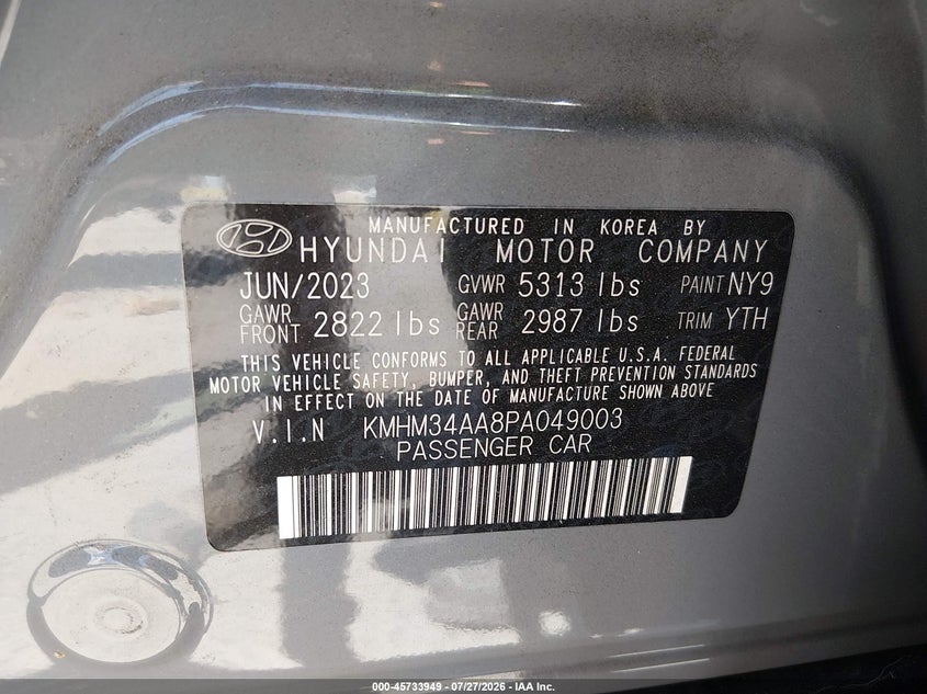 2023 Hyundai Ioniq 6 VIN KMHM34AA8PA049003 IAAI salvage auction — REAR END, Wait Title, sold $25 on 2026-09-14 (photo 9)