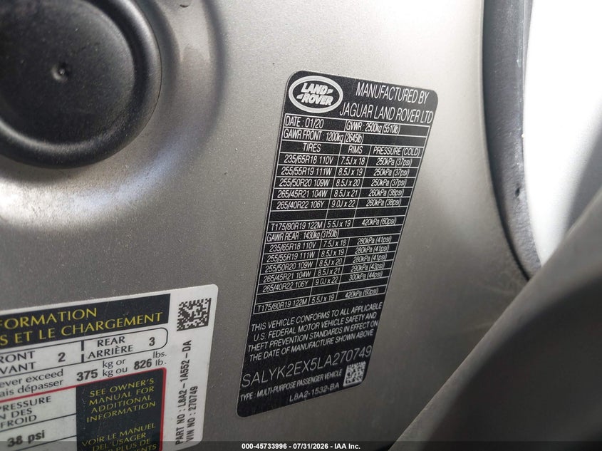 2020 Land rover Range rover velar VIN SALYK2EX5LA270749 IAAI salvage auction — VANDALISM, Salvage Title, sold $10,325 on 2026-09-09 (photo 9)