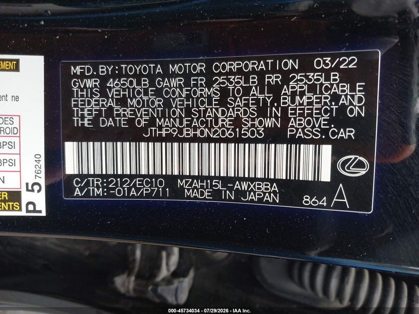 2022 Lexus Ux VIN JTHP9JBH0N2061503 IAAI salvage auction — REAR END, Wait Title, sold $12,575 on 2026-09-02 (photo 9)