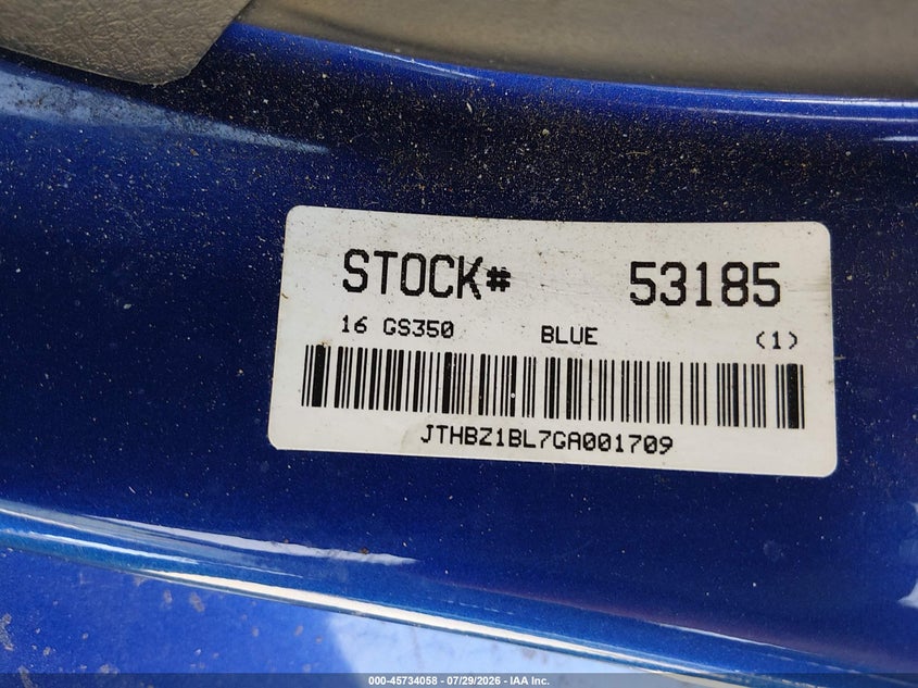 2016 Lexus Gs VIN JTHBZ1BL7GA001709 IAAI salvage auction — UNKNOWN, Salvage Title, sold $12,400 on 2026-08-17 (photo 9)