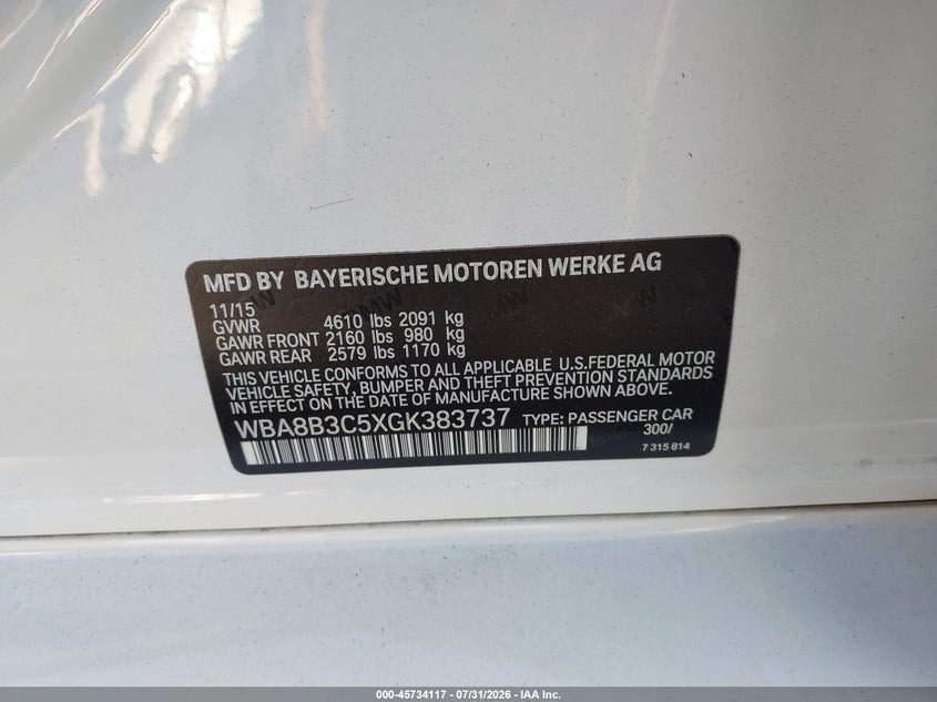 2016 BMW 3er VIN WBA8B3C5XGK383737 IAAI salvage auction — REAR END, Salvage Title, sold $10,100 on 2026-08-06 (photo 9)