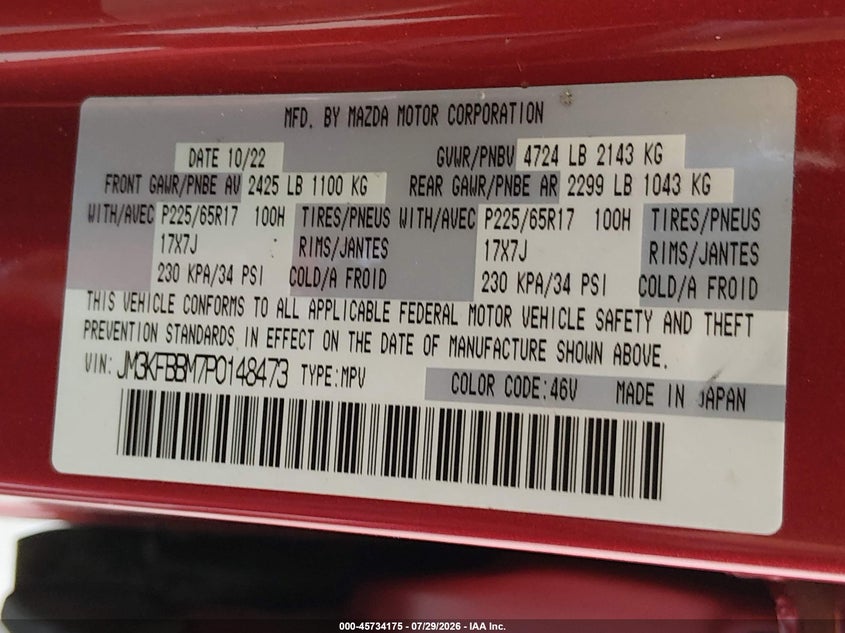 2023 Mazda Cx-5 VIN JM3KFBBM7P0148473 IAAI salvage auction — SIDE, Wait Title, sold $7,100 on 2026-09-07 (photo 9)