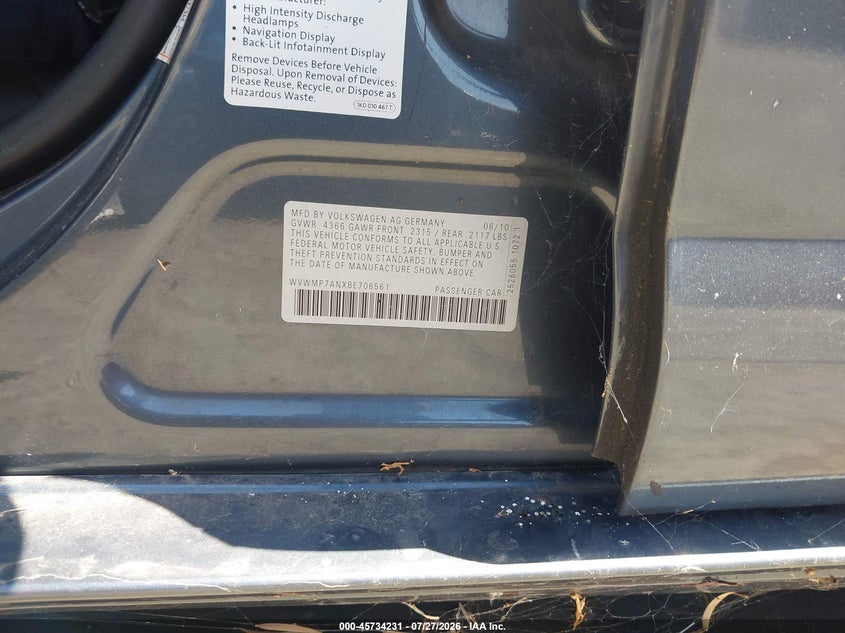 2011 Volkswagen Cc VIN WVWMP7ANXBE706561 IAAI salvage auction — NORMAL WEAR, Clear - Dealer Only (California), sold $275 on 2026-08-20 (photo 9)