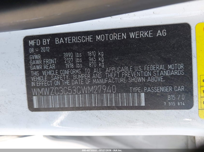 2012 Mini VIN WMWZC3C53CWM27940 IAAI salvage auction — LEFT SIDE, Salvage (California), sold $1,000 on 2026-08-05 (photo 9)