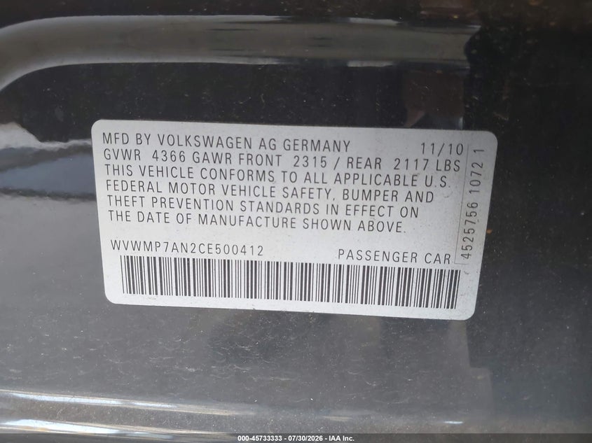 2012 Volkswagen Passat cc VIN WVWMP7AN2CE500412 IAAI salvage auction — FRONT END, Wait Title, sold $600 on 2026-08-12 (photo 9)