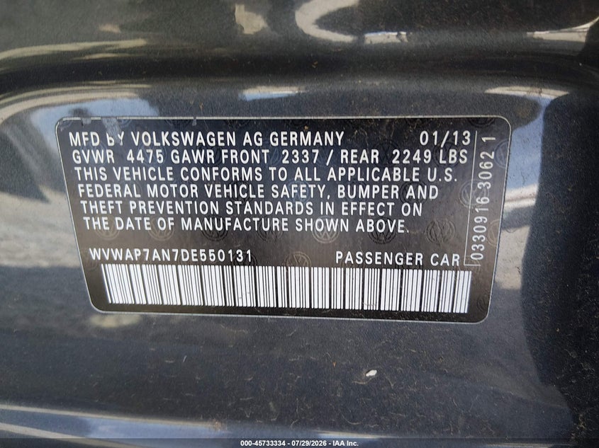 2013 Volkswagen Passat cc VIN WVWAP7AN7DE550131 IAAI salvage auction — LEFT SIDE, Salvage Title, sold $1,200 on 2026-08-19 (photo 9)