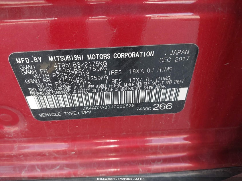 2018 Mitsubishi Outlander VIN JA4AD2A30JZ032838 IAAI salvage auction — LEFT & RIGHT, Salvage Title, sold $1,000 on 2026-10-01 (photo 9)