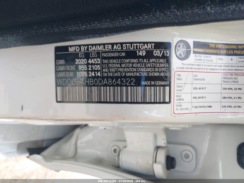 2013 Mercedes-benz C-klasse VIN WDDGF4HB0DA864322 IAAI salvage auction — NORMAL WEAR, Original (Texas), sold $25 on 2026-08-05 (photo 9)