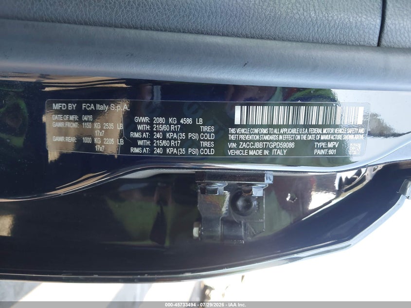 2016 Jeep Renegade VIN ZACCJBBT7GPD59086 IAAI salvage auction — RIGHT FRONT, Wait Title, sold $2,050 on 2026-08-14 (photo 9)