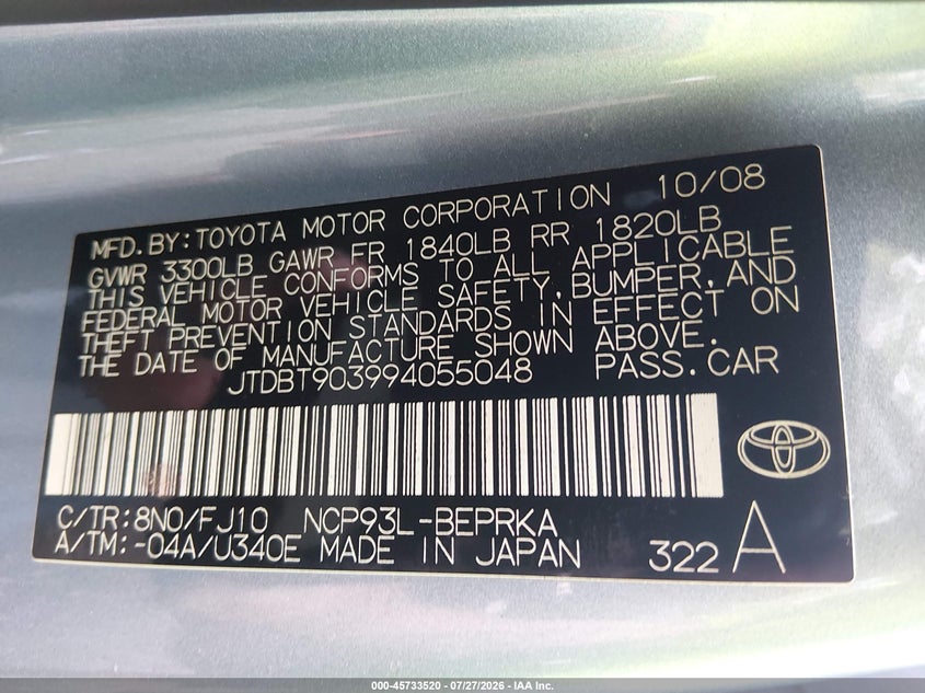 2009 Toyota Yaris VIN JTDBT903994055048 IAAI salvage auction — NORMAL WEAR, Clear (Virginia), sold $300 on 2026-07-28 (photo 9)
